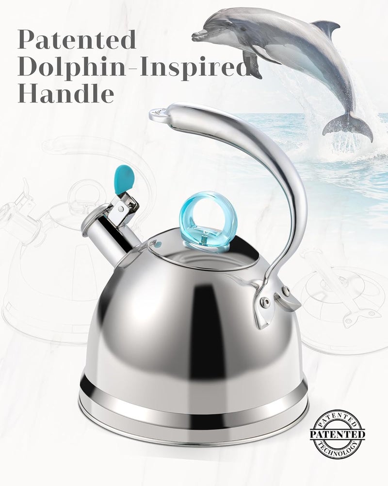 harriet Tea Kettle Stovetop, 2.5 Quart Whistling Stainless Steel Tea Pot, 3-Layer Base, Unique Ergonomic Handle, Includes Pot Holder & Mat, Electric/Induction/Gas Stovetops Applicable, Mirror Finish - Image 2